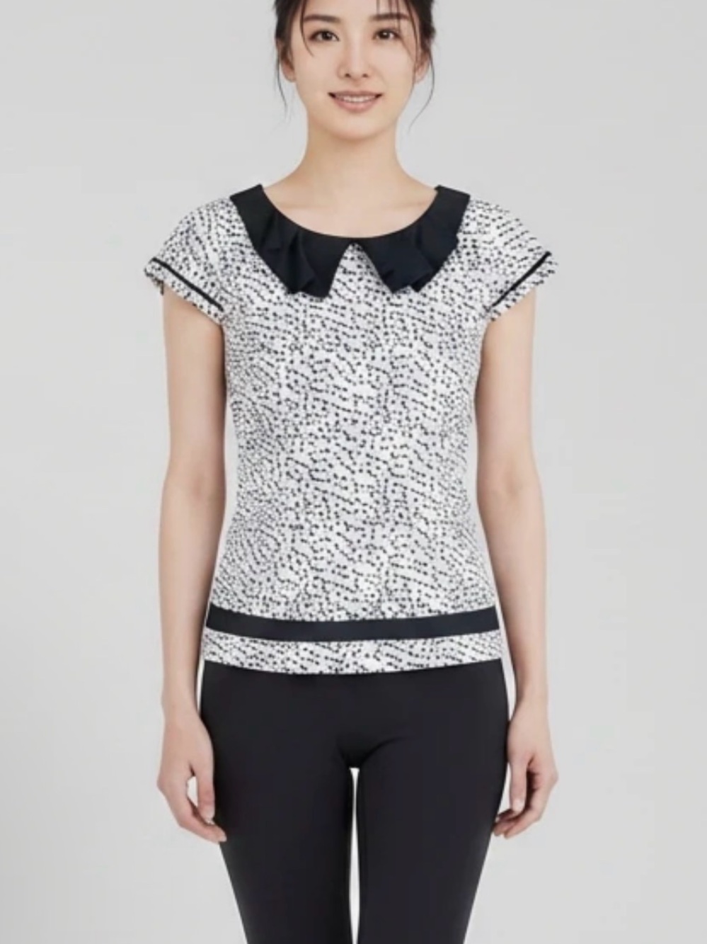 Esley Black & Winter White Dot Print Cap Sleeve Top with Contrast Collar Size M